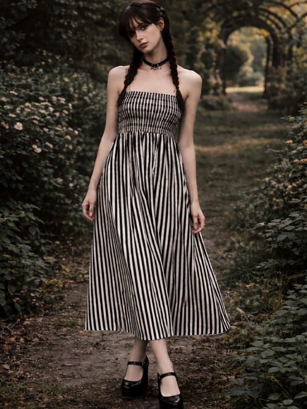 NWT Grace Karin Black White Stripe Smocked Maxi Dress S